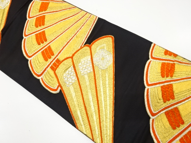 JAPANESE KIMONO / ANTIQUE FUKURO OBI / SILK / WOVEN FOLDING FAN PATTERN